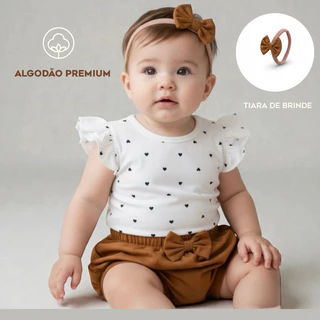 conjunto kit body bebê menina minimalista verão/ 3 peças em algodão premium/minimalista/ shorts body e tiara