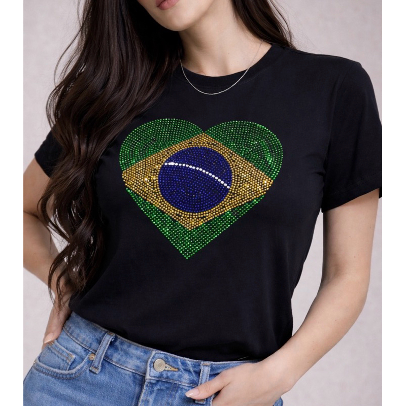 T-shirt Feminina Bandeira do Brasil em Strass Brilhante Copa 2026 em Oferta na Shopee