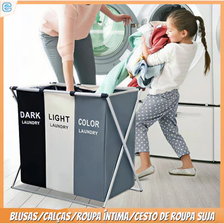 Cesto de roupa suja dobrável Cesto de roupa suja moderno Cesto de armazenamento com 3 compartimentos Cesto de armazename
