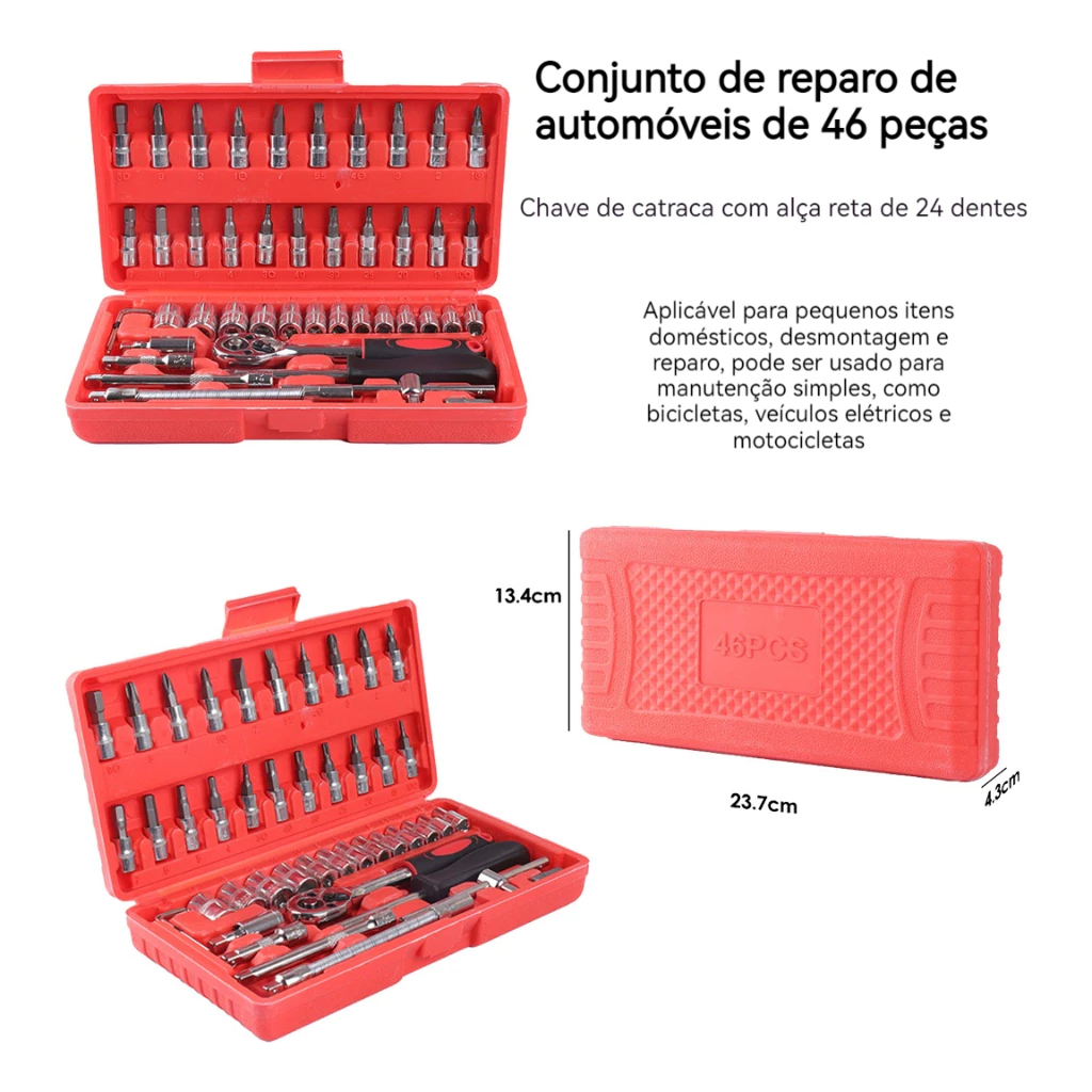 Jogo Kit Ferramentas Chave Catraca Soquetes 46 Peças Maleta Para Carro Moto e Bike