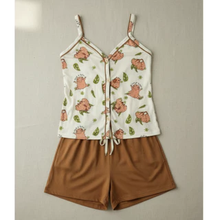 Pijama de Alça Feminino Americano Com Botões de Calor Verão Confortável Para Dormir Malha Fresca em Oferta na Shopee