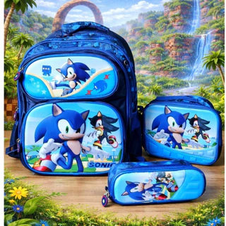 Mochila Escolar Infantil Sonic Masculina Feminina + Estojo + Lancheira Mochilas Masculinas Femininas Escolares