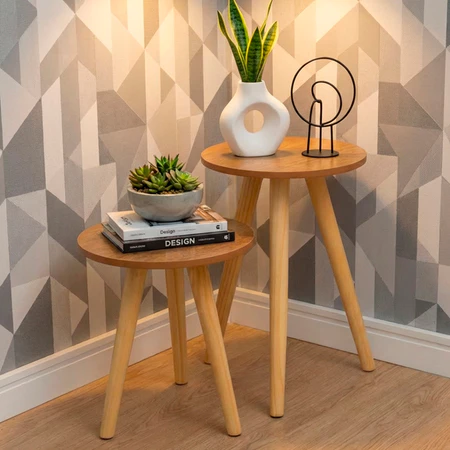 Conjunto de Mesinhas Canto E Apoio Pe Palito Madeira Tripe Porta Quadros E Objetos