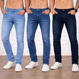 Kit 3 Calça Jeans Sarja Masculina Skinny Slim Lycra Colorida