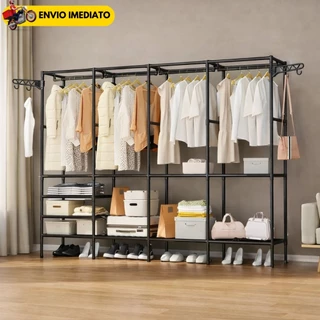 Arara de Roupas Grande com Sapateira e Prateleiras Cabideiro Multiuso Organizador Guarda-Roupa Portátil Aço Reforçado em Oferta na Shopee