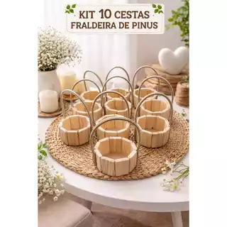 kit 10 cestas mini redonda de pinus alça sintética 11 cm em Oferta na Shopee
