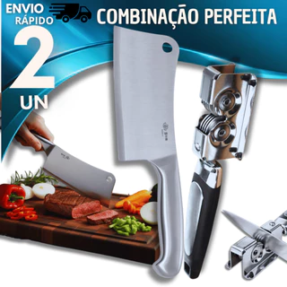 Jogo 2 Peças -1 Cutelo 6" Aço Inox Profissional + 1 Afiador de Facas Tesoura Churrasco Carne Facas Machadinha