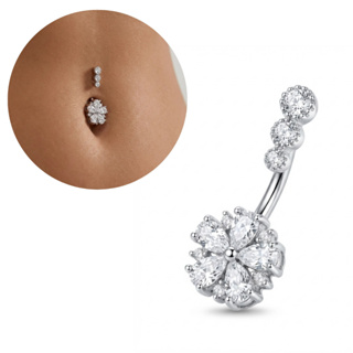 Piercing de Umbigo Hipoalergênico Flor Zircônia Cravejada Feminina Acessórios Aço Cirúrgico