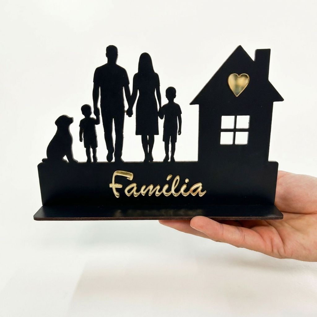 Enfeite de Mesa Família Silhueta MDF 20x13cm com Acrílico Dourado