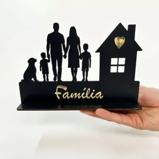 Enfeite de Mesa Família Silhueta MDF 20x13cm com Acrílico Dourado