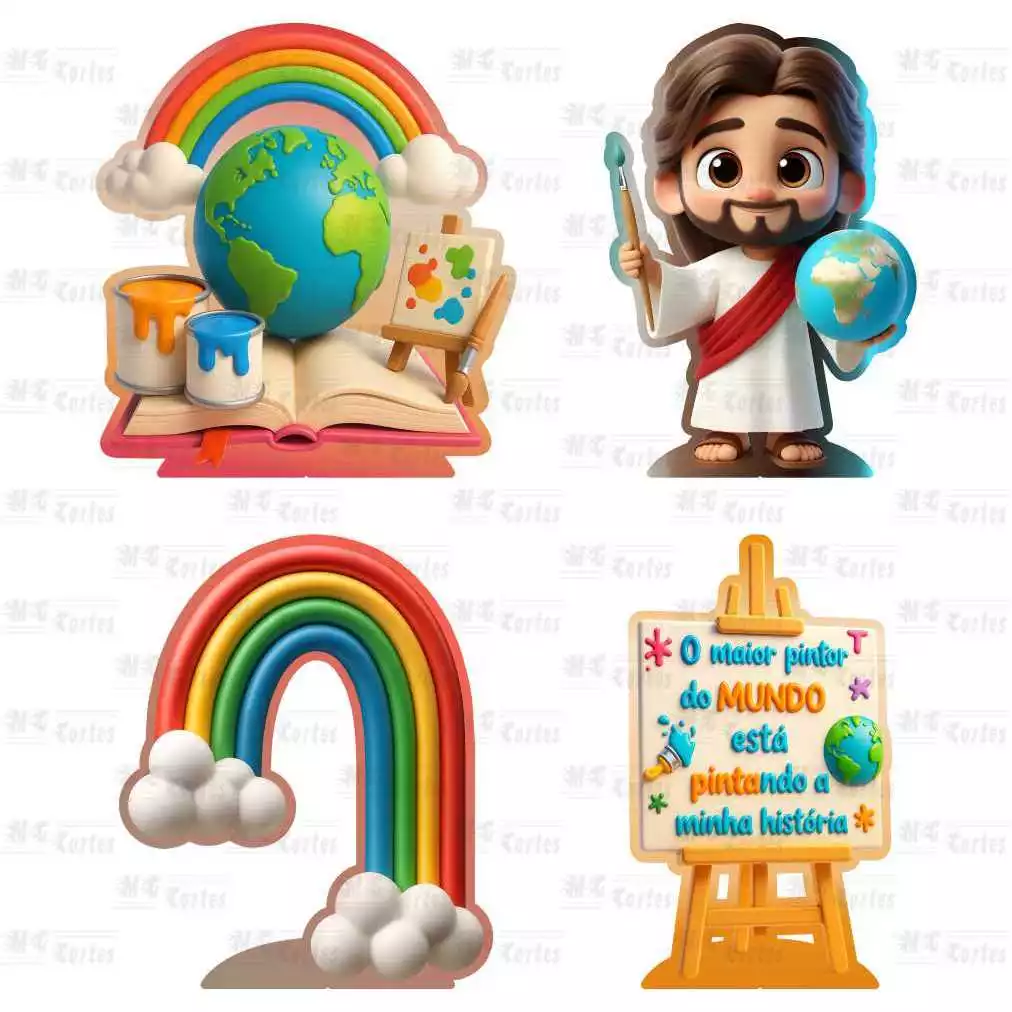 Kit de Display 4 de 20cm Totens para Decoração de Festa O Maior Pintor Do Mundo MDF Cortado a Laser