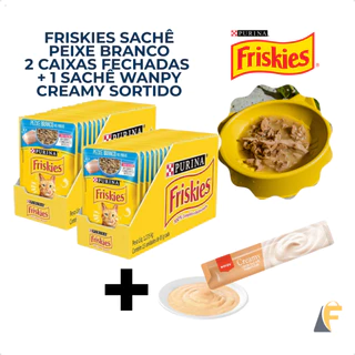 Kit 30 Ração Úmida Friskies Gatos Sachê Peixe Branco + Sachê Wanpy Creamy Sabor Sortido 14g em Oferta na Shopee