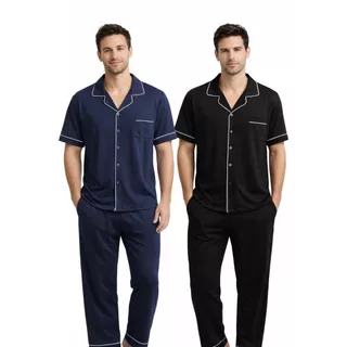 Pijama Americano Masculino em Algodão com Elastano, bolsos e gola estruturada e Bolsos em Oferta na Shopee