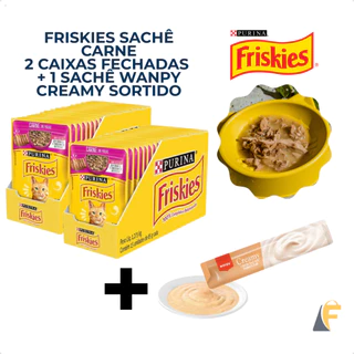 Kit 30 Friskies Gatos Ração Umida Sachê Carne ao Molho + Brinde Sachê Wanpy Creamy Sabor Sortido em Oferta na Shopee
