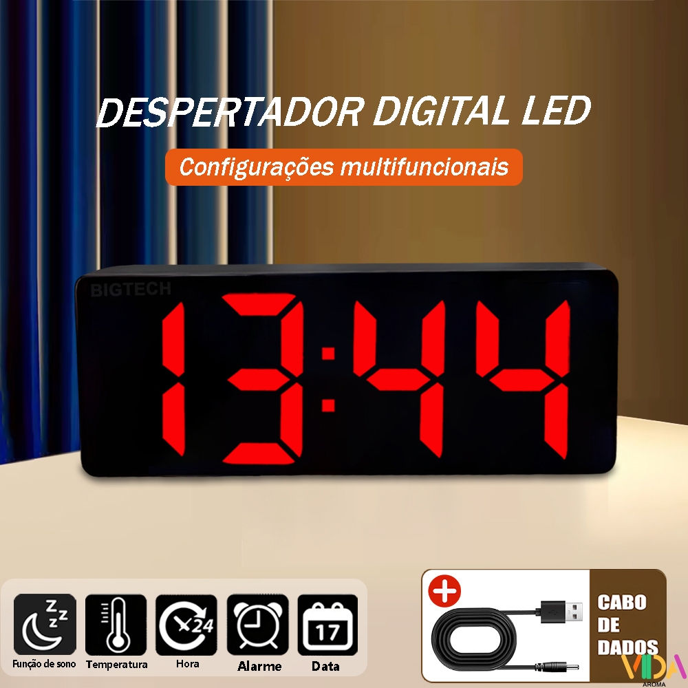 Relógio Despertador De Mesa Led Digital Alarm Design Fino E Minimalista Com Visor De Temperatura Multifuncional
