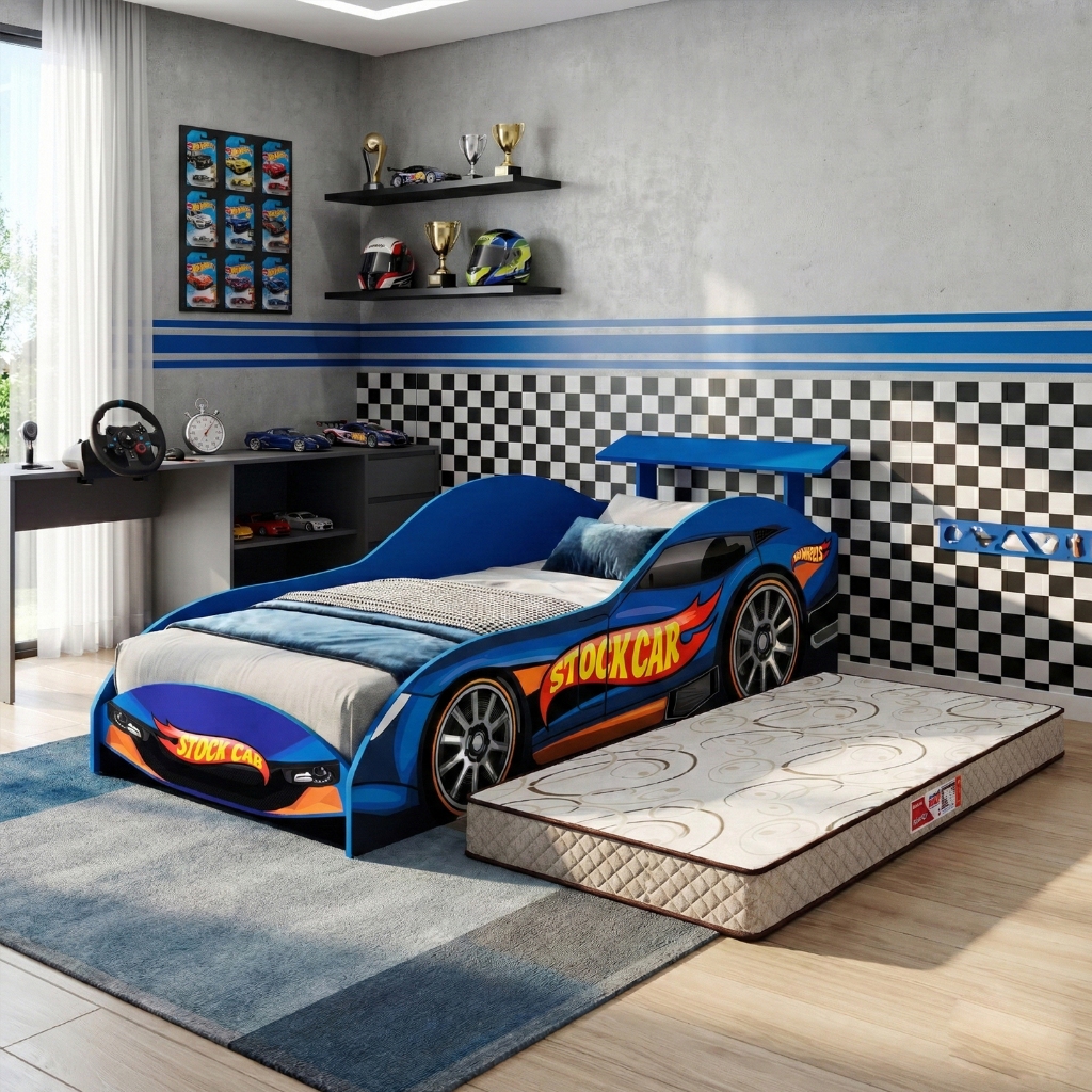 Cama Infantil Stock Car em MDF com Colchão Incluso Design Carro de Corrida para Quarto Infantil