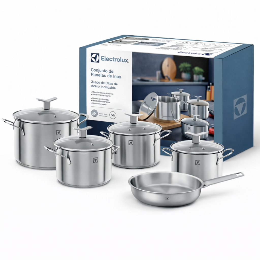Conjunto de Panelas em Aço Inox Electrolux com 5 Peças Antiaderente ...