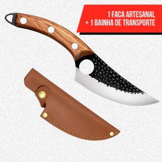 Faca Olho de Tigre Artesanal Aço Inox Cabo Madeira + Bainha para Cozinha e Churrasco