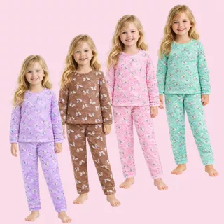 Kit Pijama Infantil Feminino conjunto Manga Longa Inverno Quentinho Estampado Menina calça + blusa em Oferta na Shopee