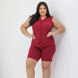 Pijama Feminino Plus Size Suede Liso – Regata com Botões e Short Confortável em Oferta na Shopee