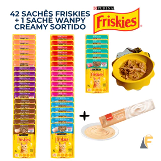 Kit 42 Sachês Friskies Gatos Ração Úmida Todos Sabotes + Brinde Wanpy Creamy Sortido em Oferta na Shopee