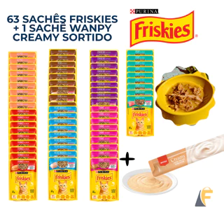 Kit 63 Friskies Gatos Sachês Ração Umida  + Sachê Wanpy Creamy Sortido em Oferta na Shopee