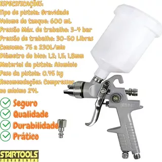 Pistola Para Pintura Alta Pressão Alumínio 600ml Com 3 Bicos 1.2,1.5 E 1,8 MM E Tanque STARTOOLS em Oferta na Shopee
