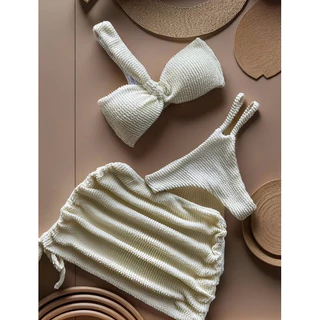 Conjunto Biquíni 3 Peças Off White Texturizado Praia Tendência Verão em Oferta na Shopee