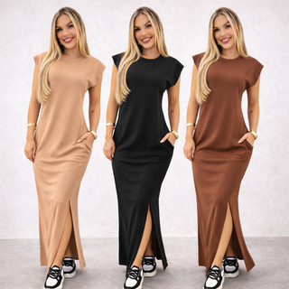 Vestido longo casual basico feminino ribana canelada manga muscle moda gringa preto marrom