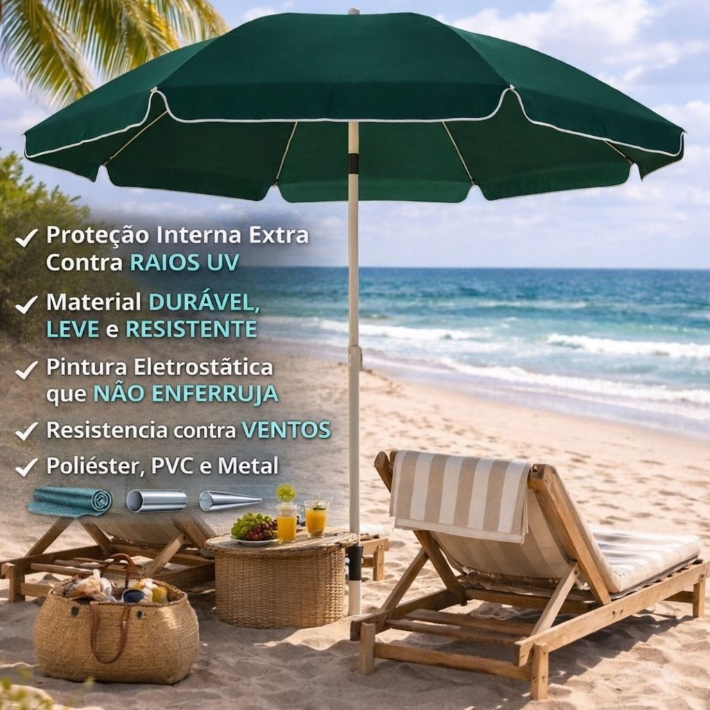 Guarda Sol Alumínio 2,40m Articulado Proteção Reforçada Uv Praia ...
