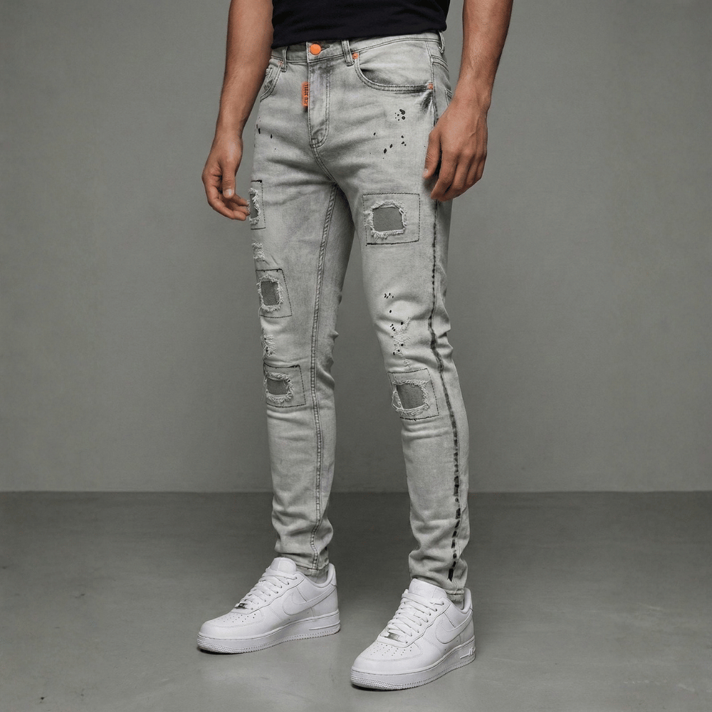 Calça Jeans Masculina Cinza Claro Rasgada Modelo Jogador Slim Fit ...