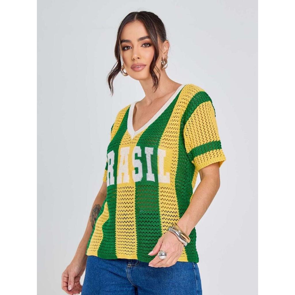 Camisa Tricot Brasil Copa do Mundo Verde E Amarelo Crochê Feminino Tendência Brazilcore Moda em Oferta na Shopee