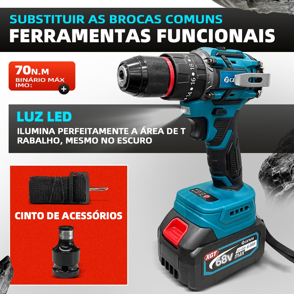 GENAI】68V/21V Kit 2 ​​Furadeira Parafusadeira ​Elétrica​ e Chave