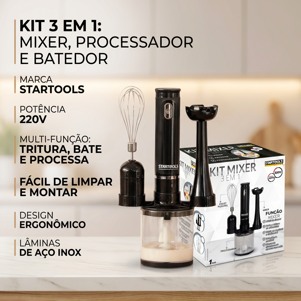 Kit Mixer 3 em 1 Multifuncional: Processador, Batedor Fouet e Mixer de ...