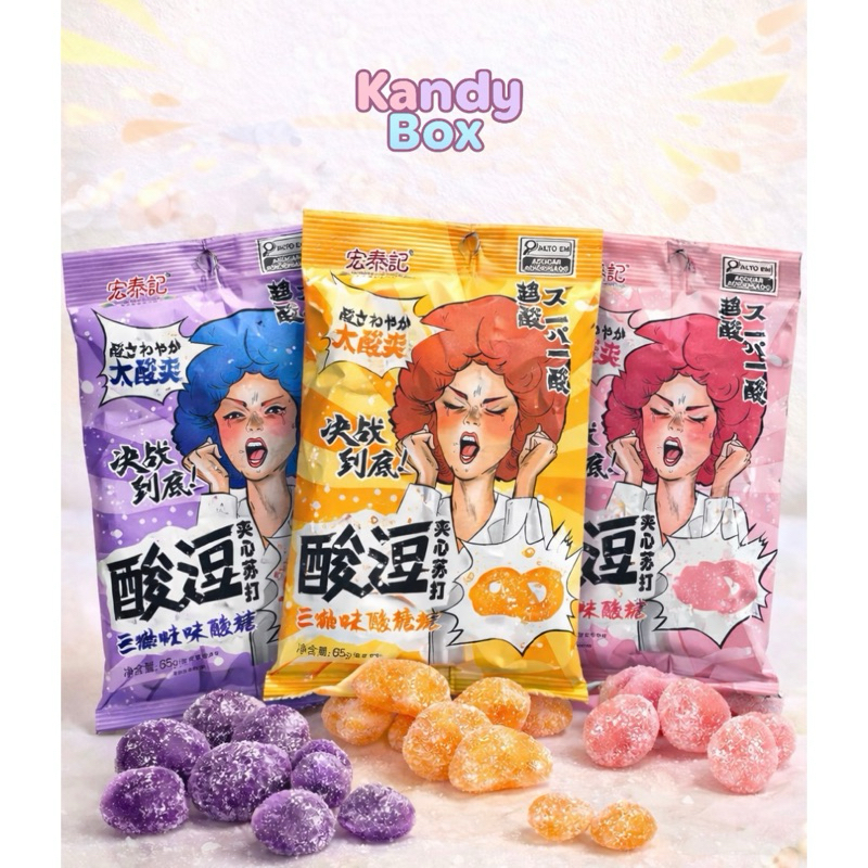 Bala Super Azeda Hong Tai Kee 65g Importada Sabores Uva, Pêssego