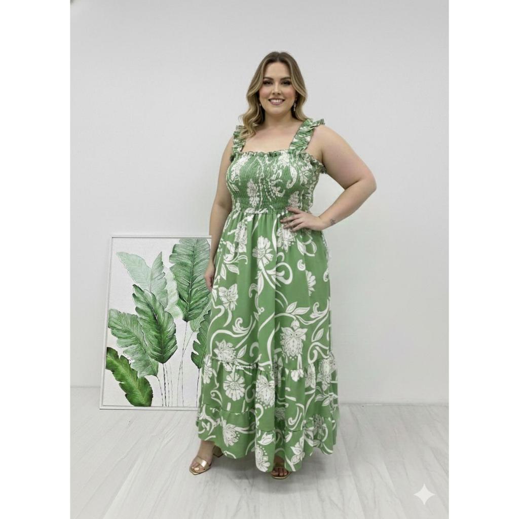 Vestido Longo Alça Floral Plus Size Elastex Feminino Elegante