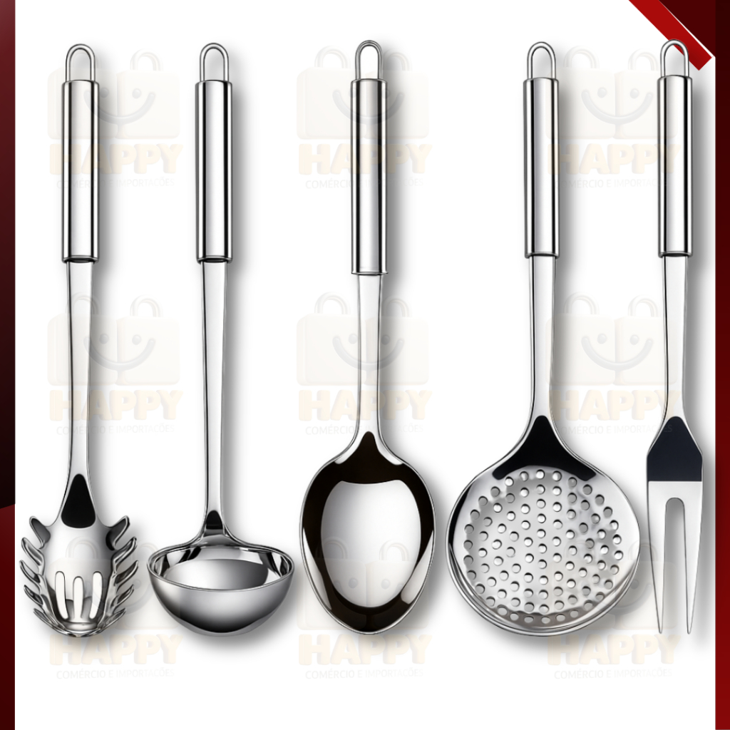 Utensílios de Cozinha em Aço Inox Colher De Arroz Concha Escumadeira Pegador de Massa e Garfo | Shopee Brasil