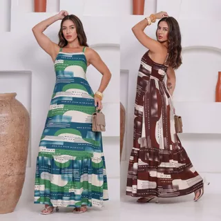 Vestido Feminino Longo Estampado com Alça Regular e Lastex nas Costas Casual e Elegante em Oferta na Shopee