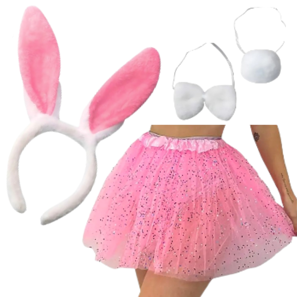 Kit Fantasia de Coelho Rosa e Branco Carnaval Festa Adulto Tiara ...
