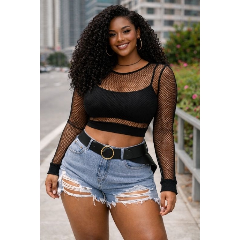 ✨ Cropped Feminino Tela Arrastão Manga Longa Preto | Transparente