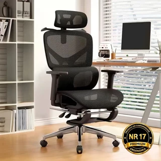 Cadeira Escritório Ergonômica Brielli Home Mesh Apoio Pés Reclinável 135° 200kg Preta
