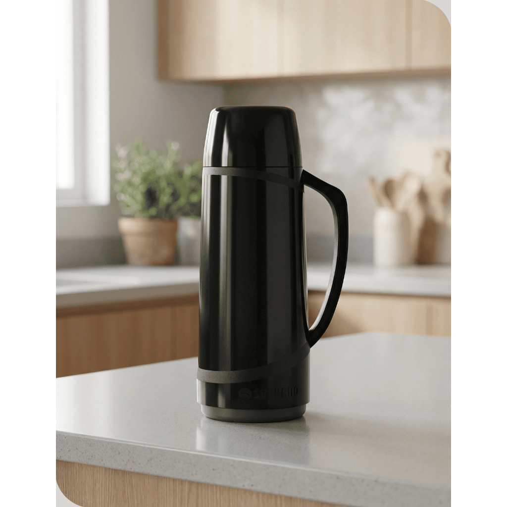 Garrafa Térmica 1L Soprano Preta Café Chá Água Ampola Vidro 