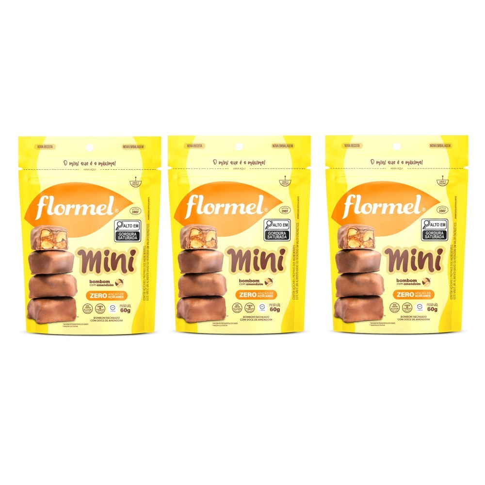 Kit com 3 Mini Bombom ao Leite com Amendoim Flormel Zero Açúcar 60g sem ...