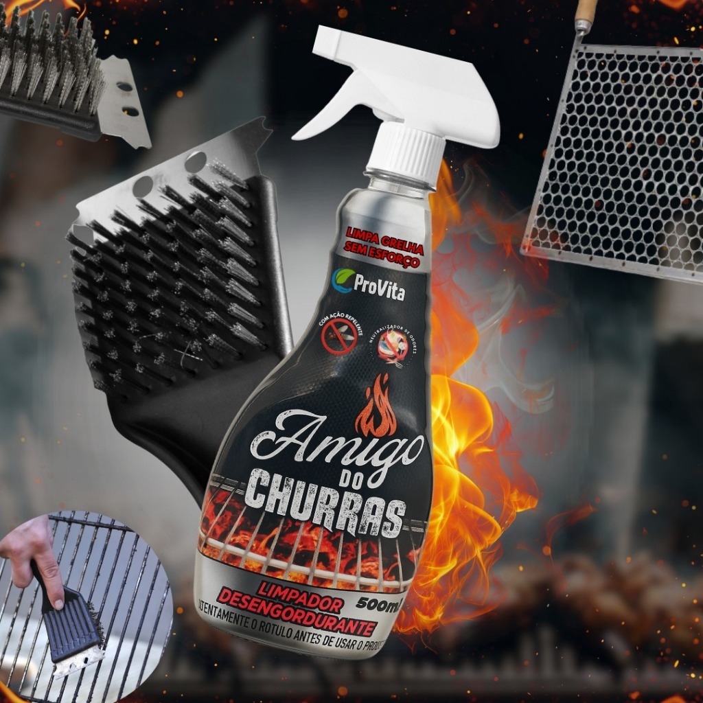 Kit Limpa Grelha Desengordurante Amigo do Churras + Escova Limpa Grelha com Raspador