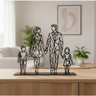 Família Geométrica em MDF Preto com Base Decoração Moderna Pai Mãe Filhos Estilo Minimalista