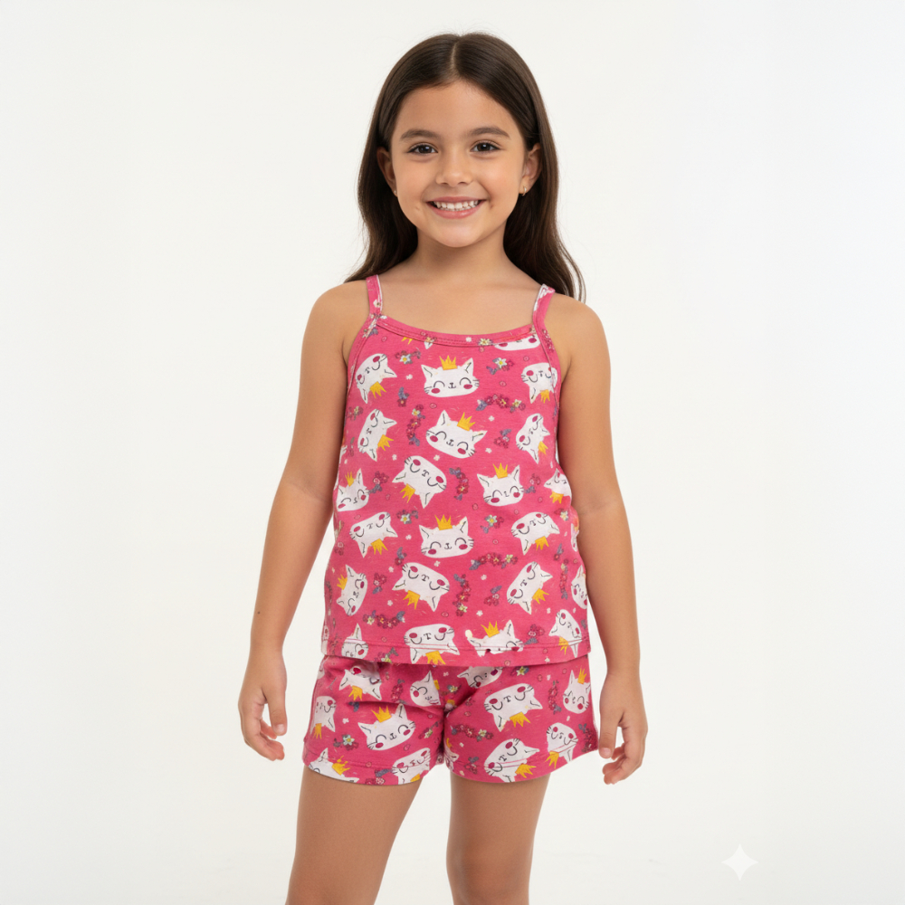 Pijama Infantil Feminino Baby Doll Alcinha + Short Doll Algodão Estampado Verão Promoção Lançamento em Oferta na Shopee