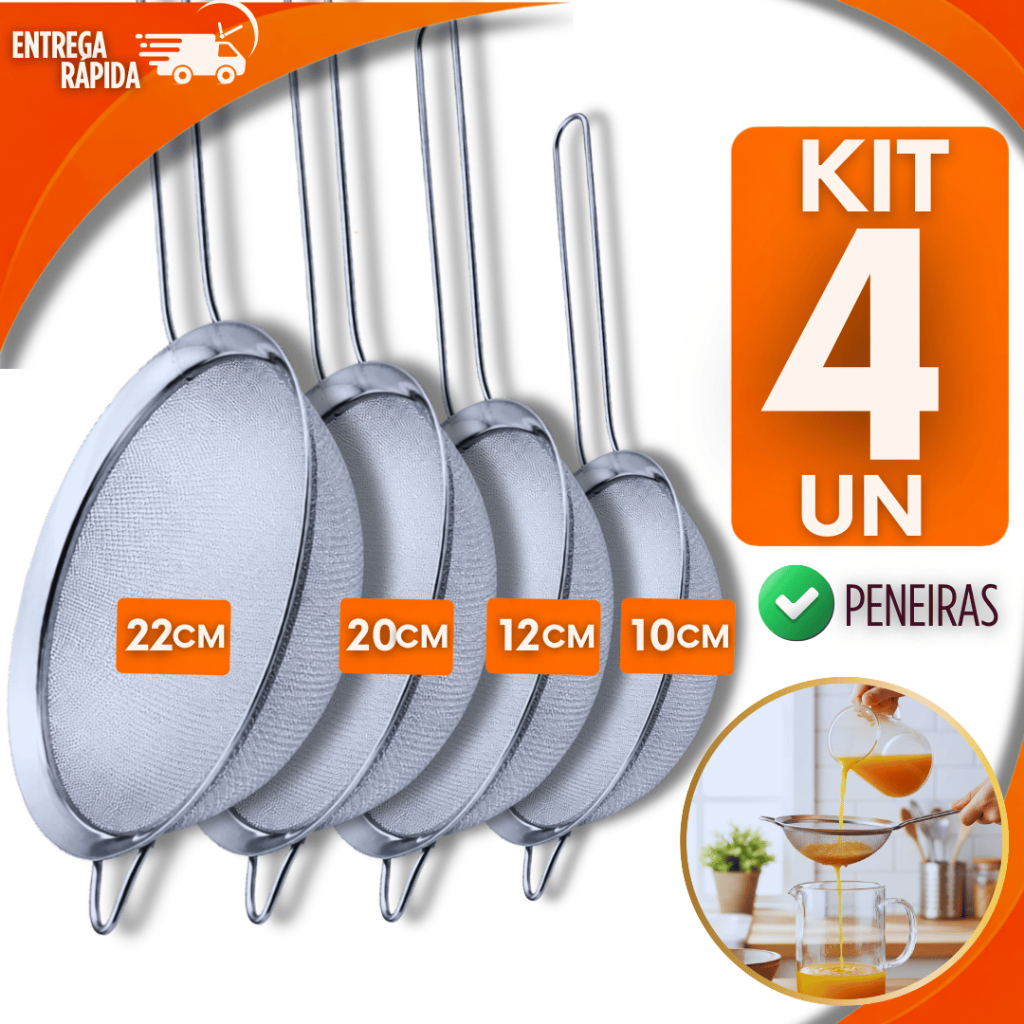 Kit 4 Peneira Coador Manual Em Aço Inox Para Cozinha Restaur