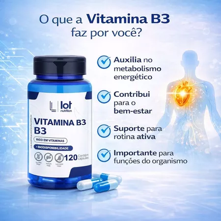 Vitamina B3 Niacina 120 cápsulas Circulação Pele Sistema Nervoso Lot Nutrition