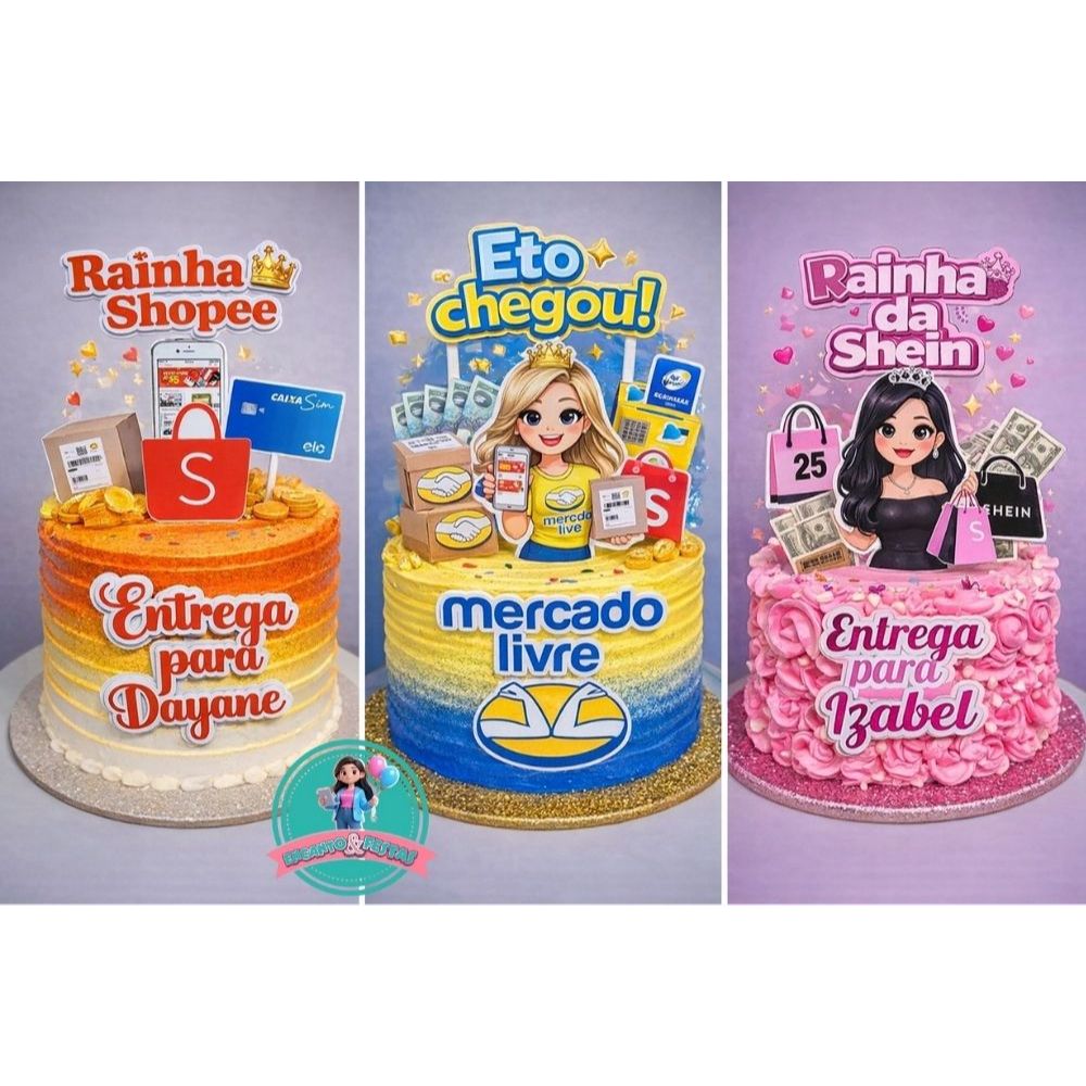 Topo de Bolo Adulto Personalizado Tema Shopee, Shein e Mercado Livre ...