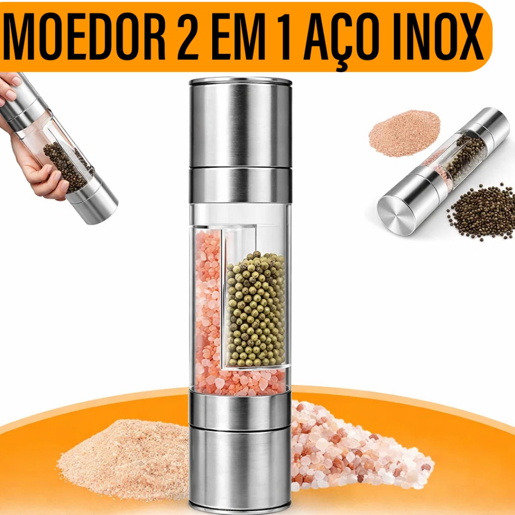 Moedor de Pimenta E Sal Temperos Manual Aço Inox 2 Em 1 Yab